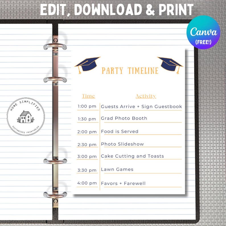 Graduation Party Timeline Printable & Editable; Grad Cap Party Schedule ...