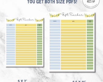 Può includere: Due tracker di regali stampabili in diverse dimensioni, 12,7 x 17,8 cm e 21,6 x 27,9 cm. I tracker hanno un tema limone con sezioni gialle, blu e verdi per ospiti, regali e note di ringraziamento. Il testo "YOU GET BOTH SIZE PDFS!" è in alto.