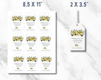 Zitrone Thema Party Favor Tags Vorlage; Druckbare Geschenkanhänger für Bridal Shower oder Geburtstag; 9 pro Bogen; 2x3,5 "bearbeitbares PDF