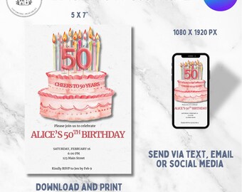 50th Birthday Invitation Template, 50 Candles Cake Invite, Cheers to 50 Years, 5x7 Printable & Digital Canva Birthday Invite
