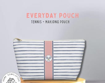 Tennis Cosmetic Bag, Mahjong Tile Pouch Large, Blue Striped Makeup Bag, Tennis Gift for Her, Travel Zipper Pouch, Court Essentials Bag