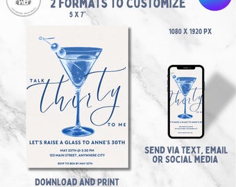 Talk Thirty To Me 30th Birthday Invitation Template, Martini Party Invite, 5x7 Printable & Digital Canva Birthday Invite