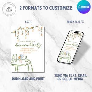 May include: A printable dinner party invitation with a green and orange floral design. The invitation says "You're invited to a Dinner Party" with the date, time, location, and RSVP information. The invitation is available in two formats: 5x7 inches and 1080x1920 pixels.