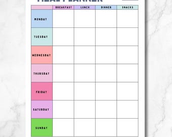Colorful weekly meal planner, printable and editable (PDF & Canva); Track meals and snacks; Instant download pdf; 8.5x11 + 5x7