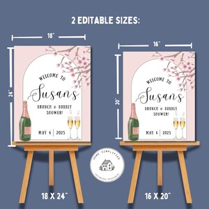 Puede incluir: Dos carteles de bienvenida rosas y blancos para un brunch y una ducha con burbujas, con el texto "Welcome to Susan's". Los carteles miden 45,7 x 61 cm y 40,6 x 50,8 cm e incluyen botellas y copas de champán.