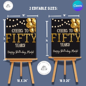 Letrero de bienvenida para 50.º cumpleaños; ¡Saludos por los cincuenta!; Plantilla editable de Canva; Letrero de fiesta dorado y negro; Imprimible de 16 x 20 y 18 x 24