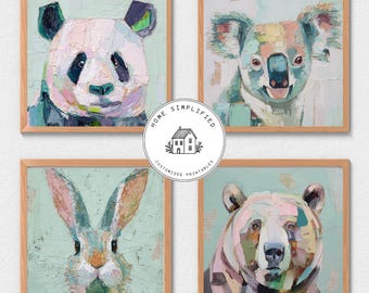 Abstract Forest Animals Wall Art Bundle, Panda Bunny Koala Bear Prints, Modern Nursery Woodland Art, Neutral Animal Gallery Wall