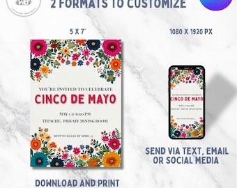 Cinco de Mayo Invitation Template; Floral Fiesta Party Invitation; Editable 5x7 Printable Mexican Celebration Invite; Dinner Party Canva
