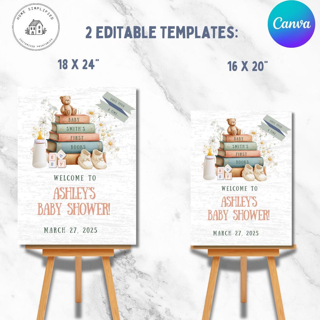 Build Baby's Library Baby Shower Welcome Sign; Editable Canva Template ...