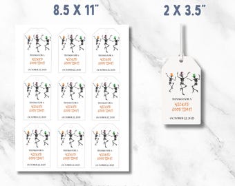 Etichette regalo di Halloween con scheletri danzanti; etichette modificabili per bomboniere in tela; etichette per sacchetti regalo per feste di Halloween; etichette regalo 2x3,5; foglio stampabile 8,5x11