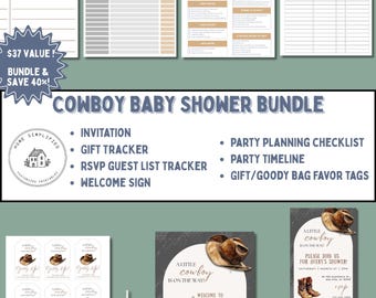 A Little Cowboy is on the Way Baby Shower Bundle: Editable Invite, Signs, Trackers, Tags & More! Western Baby Shower Printable Kit