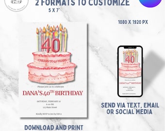 40th Birthday Invitation Template, Cheers to 40 Years Invite, Milestone Birthday Party, Editable 5x7 & Mobile Canva Design; 40th invite