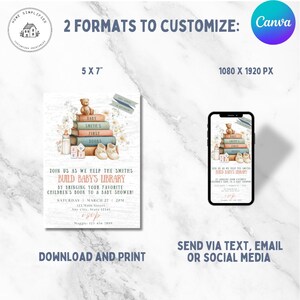 Puede incluir: Diseño de invitación para baby shower con dos formatos para personalizar. El diseño presenta una pila de libros, un osito de peluche, zapatos de bebé y el texto "Build Baby's Library". La invitación está disponible en formatos de 5x7 pulgadas y 1080x1920 px.