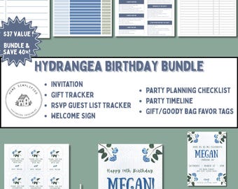Hydrangea Birthday Party Bundle; Editable Invitation, Welcome Sign, Tags, Checklists, Party Timeline, Gift & Guest List Trackers and more!