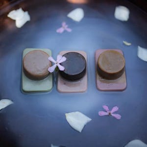May include: Three round, brown soaps sit atop rectangular bars in shades of green, pink, and mauve, floating in water. The soaps are surrounded by white flower petals and small pink flowers, creating a spa-like aesthetic.