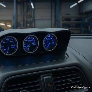 May include: Dashboard with three circular gauges. The gauges have blue backlighting and white numbers and markings. The dashboard is black and has a textured surface. A blue car is visible in the background.