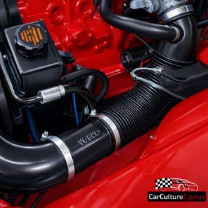May include: Close-up of a classic car engine bay. The engine is painted bright red, with black components including hoses, a power steering reservoir, and an air intake tube with the "VOLVO" logo. The image is well-lit, highlighting the details.