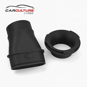 May include: Two black automotive components are shown on a white backdrop. One is curved with a flared end and a small, raised detail. The other is circular with a wide opening and a grooved edge. The text "CARCULTURE CYPRUS" is visible at the top of the image.