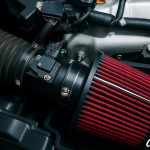 Puede incluir: Primer plano del sistema de admisión de aire de un motor de coche. El sistema incluye un tubo de admisión negro, una carcasa de filtro de aire negra y un filtro de aire rojo. Los componentes están conectados y montados en el vano motor.