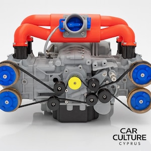 May include: A detailed model car engine, predominantly grey, with vibrant orange intake pipes and blue and yellow detailing. Black belts and pulleys are visible. The text "CAR CULTURE CYPRUS" is in the bottom right corner.