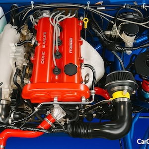 Peut inclure: Vue détaillée d'un moteur de voiture, avec un bloc moteur rouge vif portant les inscriptions "Mazda" et "DDHC 16 VALVE". Le moteur est entouré de divers composants, dont une admission d'air noire, des tubes blancs et noirs et des tuyaux rouges, le tout sur un cadre bleu.