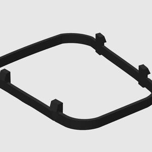 Op de afbeelding: Een zwart, vierkant frame met afgeronde hoeken en vier verhoogde steunen. Het frame lijkt van een massief materiaal te zijn gemaakt en staat tegen een lichtgrijze achtergrond. Het ontwerp is eenvoudig en geometrisch.