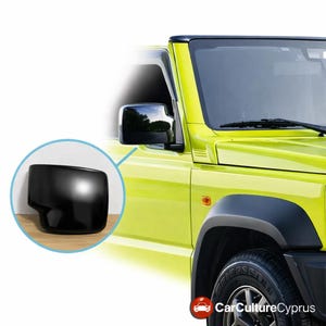 May include: A black side mirror cover is displayed in a circular inset, with a glossy finish. The cover is shown next to a lime green SUV, with a black roof and tires. The image includes the logo for CarCultureCyprus.