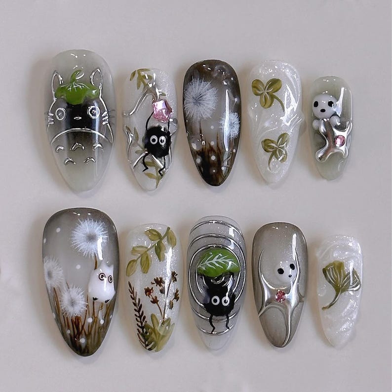 Totoro Studio Ghibli Press On Nails, Handmade Anime Fake Nails with Forest Spirits, Soot Sprites & Dandelions, Kawaii Nature Nail Art