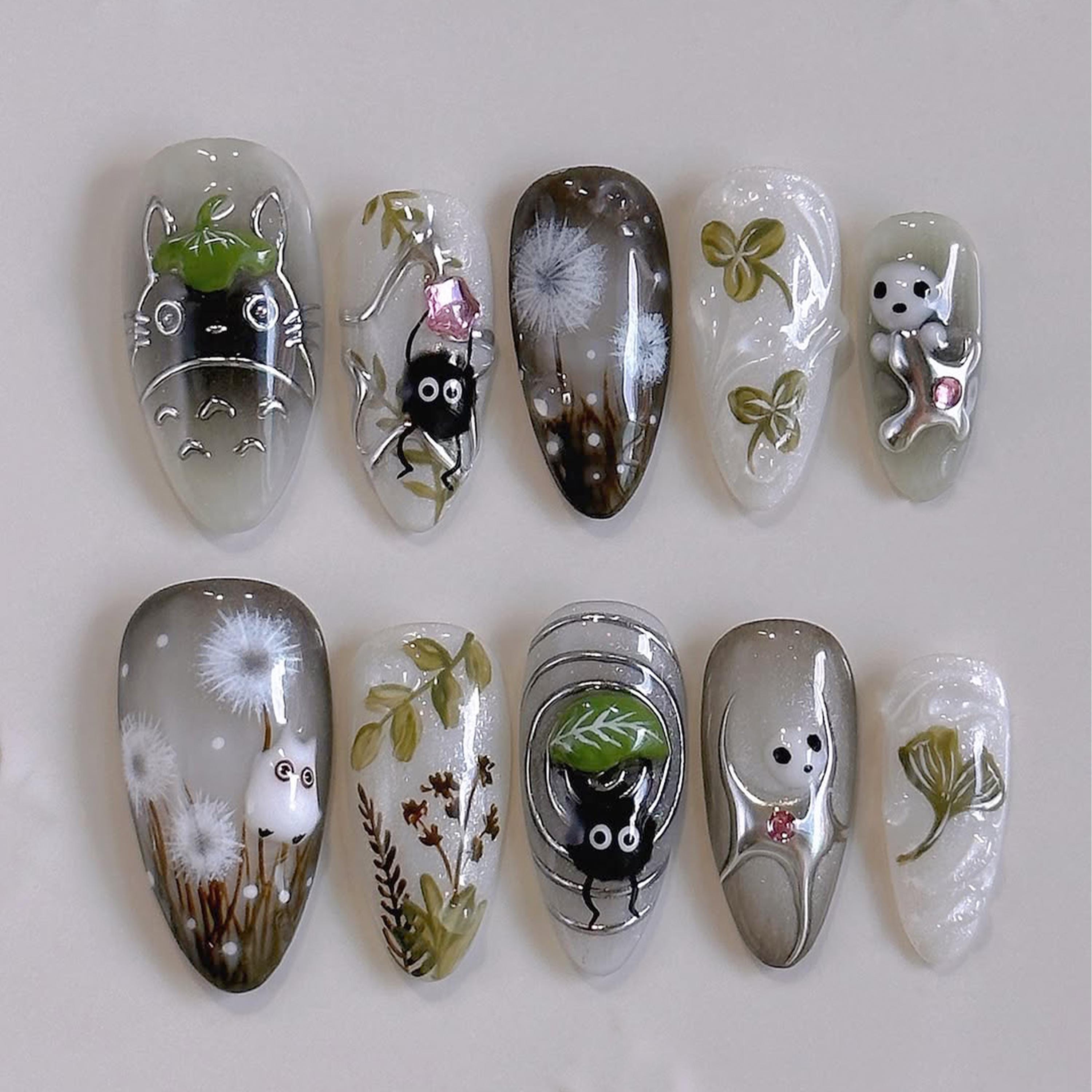 Totoro Studio Ghibli Press On Nails, Handmade Anime Fake Nails with Forest Spirits, Soot Sprites & Dandelions, Kawaii Nature Nail Art