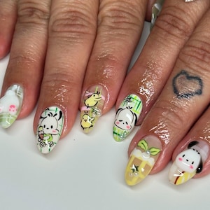 Uñas postizas kawaii de dibujos animados, pasta verde adorable, set de decoración de uñas con personajes, uñas postizas estilo japonés 3D, puntas de uñas reutilizables hechas a mano