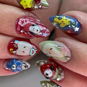 Uñas postizas con dibujos animados en 3D, uñas coloridas personalizadas para amantes del anime y el arte, uñas postizas divertidas y divertidas.