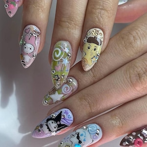 Funny Cartoon Press On Nails, Hand-Drawn Anime Style, Kawaii Pop Art Nail Set, 3D Cute Character Nails, Cartoon Chaos Press Ons