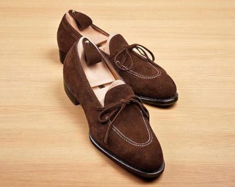 Mocassini penny da uomo in pelle scamosciata marrone fatti a mano: scarpe eleganti Oxford da uomo