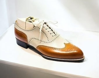 Handgefertigte Zweifarbige Leder Oxford Brogue Schuhe: Herren Flügelspitze Creme & Tan Abendkleid Hochzeit