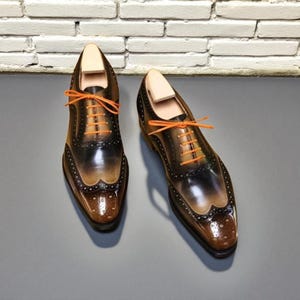 New Classic, Hand Made Men&#39;s Stylish Brown Shaded Genuine Leather Lace Up Wing Tip Men&#39;s Formal Oxford Brogue Dress Party Shoes