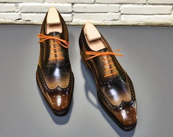 Handmade Men's Brown Shaded Leather Wingtip Oxford Brogue Shoes