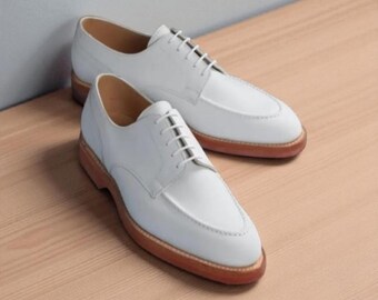 Handmade White Cow Leather Oxford Derby Shoes: Men's Formal Dress Wedding Wear
