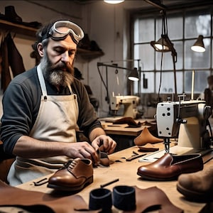 Op de afbeelding: Een schoenmaker in een werkplaats, met een schort en een veiligheidsbril, die aan leren schoenen werkt. De werkbank is bedekt met leren stukken, gereedschap en afgewerkte bruine leren schoenen. Naaimachines staan op de achtergrond.