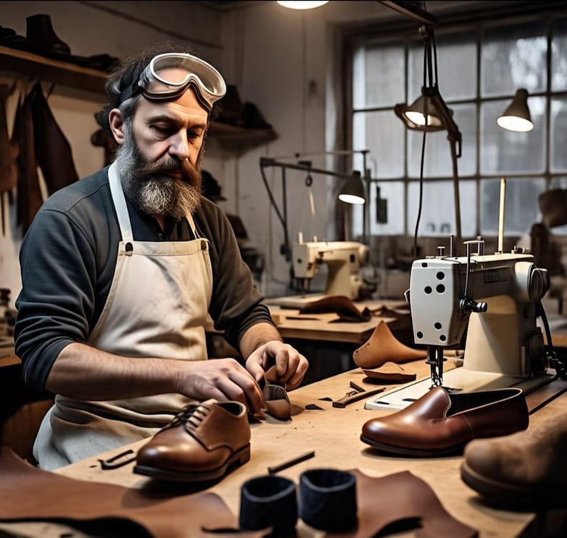 Op de afbeelding: Een schoenmaker in een werkplaats, met een schort en een veiligheidsbril, die aan leren schoenen werkt. De werkbank is bedekt met leren stukken, gereedschap en afgewerkte bruine leren schoenen. Naaimachines staan op de achtergrond.