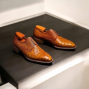 Bespoke New Men&#39;s Fashion Hand Made Tan Ostrich Leather Lace Up Oxford Men&#39;s Party Wear Formal Wedding Derby Dress Shoes