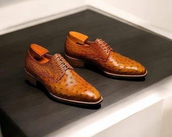 Handmade Tan Ostrich Leather Oxford Dress Shoes: Men's Formal Derby