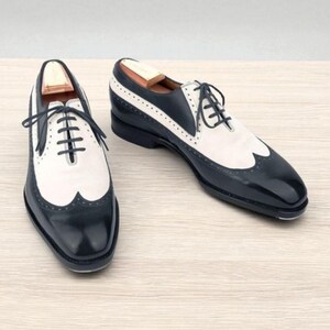 Handmade Two-Tone Leather Oxford Brogue: Wing Tip Wedding Dress Shoes