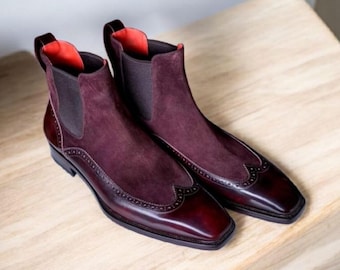 Handmade Two-Tone Leather & Suede Chelsea Boots: Men's Wingtip Brogue Oxfords Ankle High