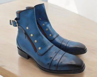Handmade Blue Shaded Leather Cap Toe Boots: Men's Side Zip Oxford Dress Shoes
