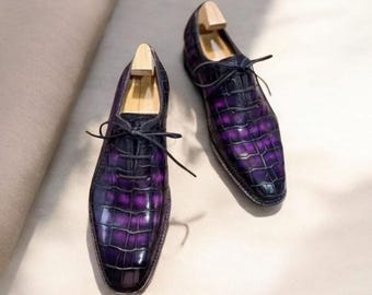 Handgemaakte paarse Oxford-schoenen van krokodillenleer: Heren trouwjurk uit één stuk