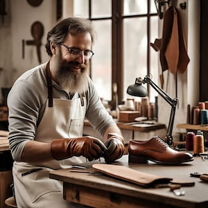 Op de afbeelding: Een schoenmaker in een werkplaats, met een schort en handschoenen, die werkt aan een bruine leren schoen. De schoen staat op een houten tafel met gereedschap en materialen. Een lamp en een raam zijn op de achtergrond.