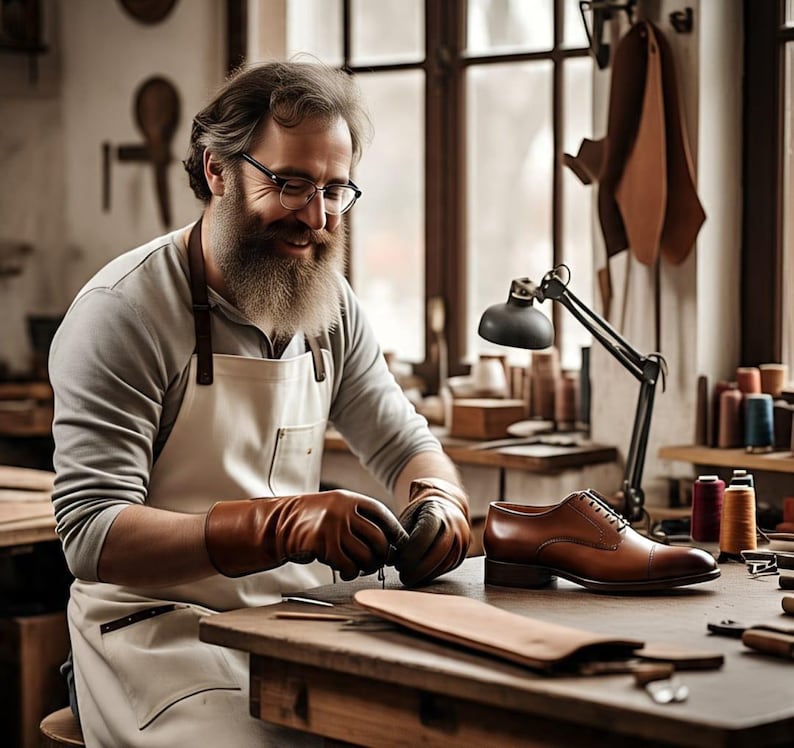 Op de afbeelding: Een schoenmaker in een werkplaats, met een schort en handschoenen, die werkt aan een bruine leren schoen. De schoen staat op een houten tafel met gereedschap en materialen. Een lamp en een raam zijn op de achtergrond.