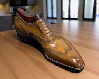 Handmade Tan Leather Wingtip Oxford Brogue: Classic Dress Shoes
