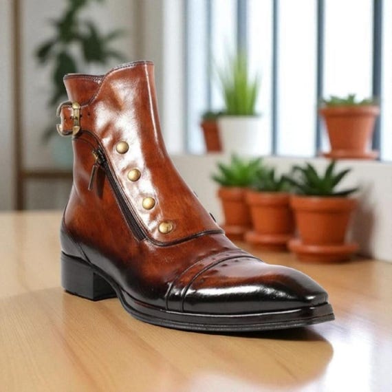 Handmade Brown Shaded Leather Cap Toe Chelsea Boots: Men's Oxford Dress Zip Boots