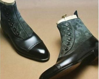 Handmade Two-Tone Leather Chelsea Boots: Men's Cap Toe Oxford Ankle High Button Boots